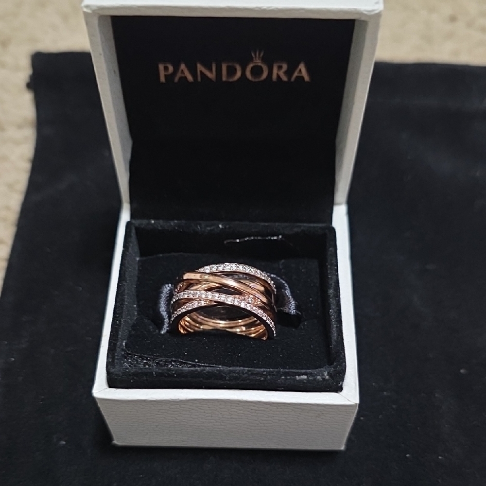 Size 7/54 Authentic PANDORA Sparkling & Polished Lines Rose Gold Ring w/Box